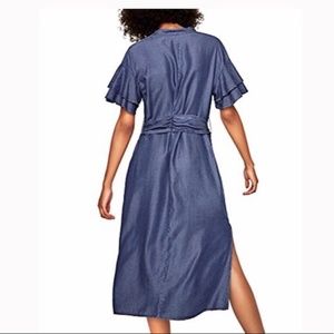 Zara Blue Denim Chambray Ruffle Sleeve Midi Dress